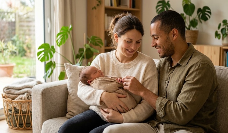 Un couple souriant assis sur un canapé, regardant tendrement leur nouveau-né emmailloté dans les bras de la mère, pour illustrer le nouveau congé de naissance.
