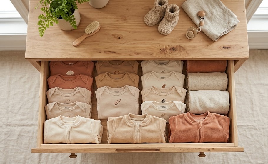 Commode avec des pyjamas et bodys bébé