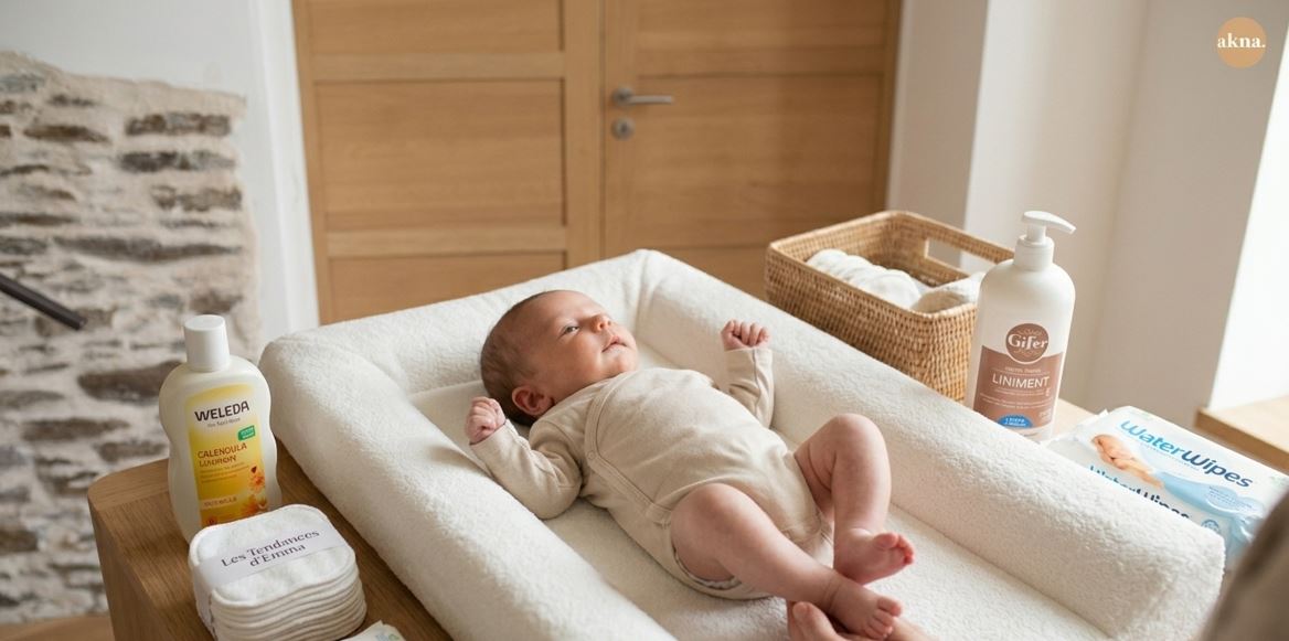 Bébé installé sur une table à langer, qui va être changé par sa maman
