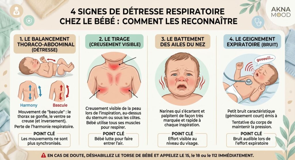 Schéma des 4 signes de détresse respiratoire chez bébé : balancement thoraco-abdominal, tirage, battement des ailes de nez, geignement expiratoire