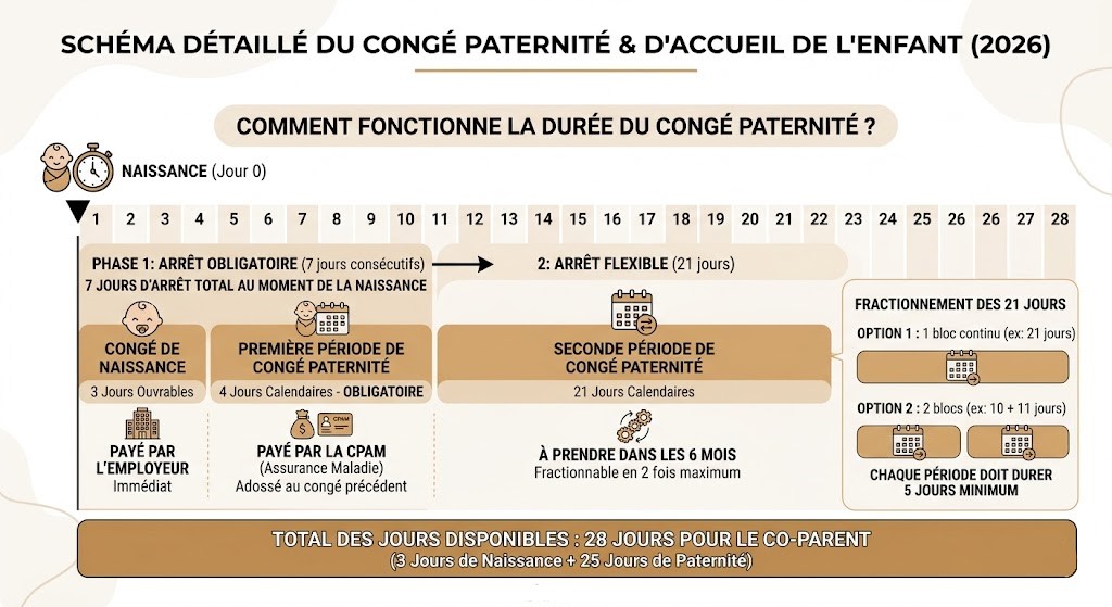 Schéma qui présente les durées du congé paternité : période obligatoire, période fractionnable