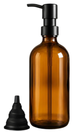 Flacon Pompe Vide Verre 500ml Ambre Vintage - Lot de 2 + Entonnoir + Plateau Bois + 4 etiquettes - INOX Brossé Noir